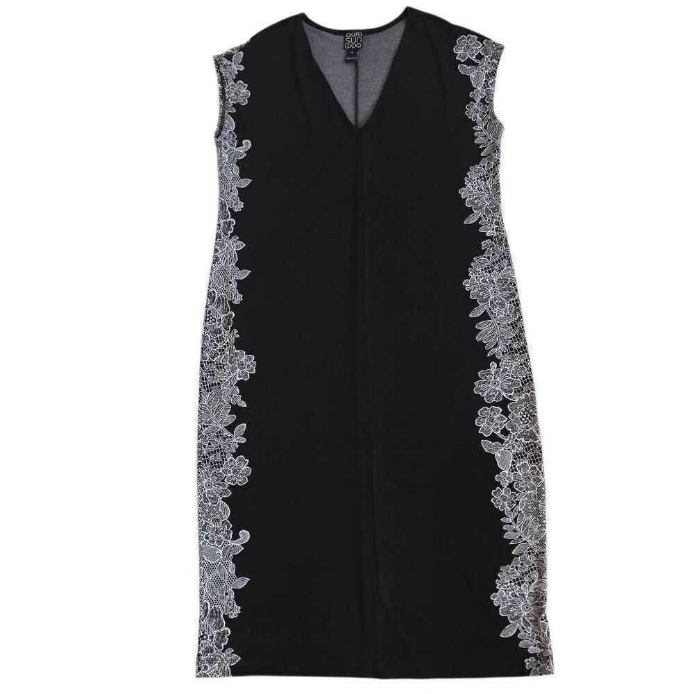 Clara Sun Woo Womens V-neckโFloral Lace Print Cap Sleeveless Dress Black Small